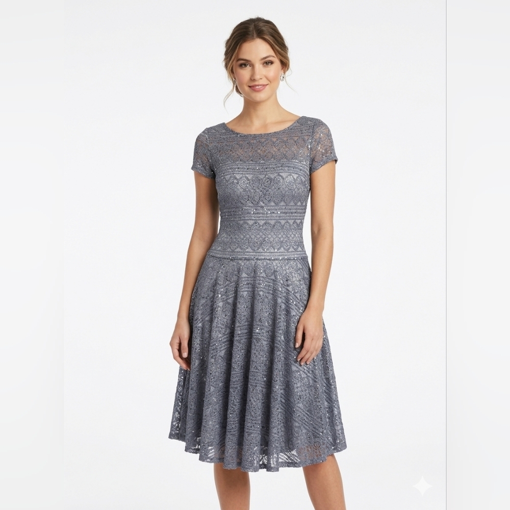 Sangria Lace Sequin Fit & Flare Cocktail Dress Grey/Lavender Size 12